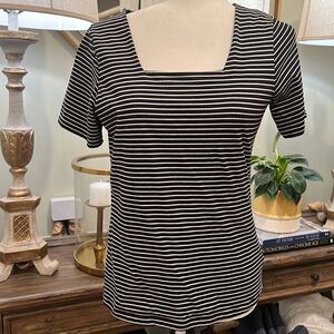 Tahari Black and White Stripped Short Sleeve Top Size M